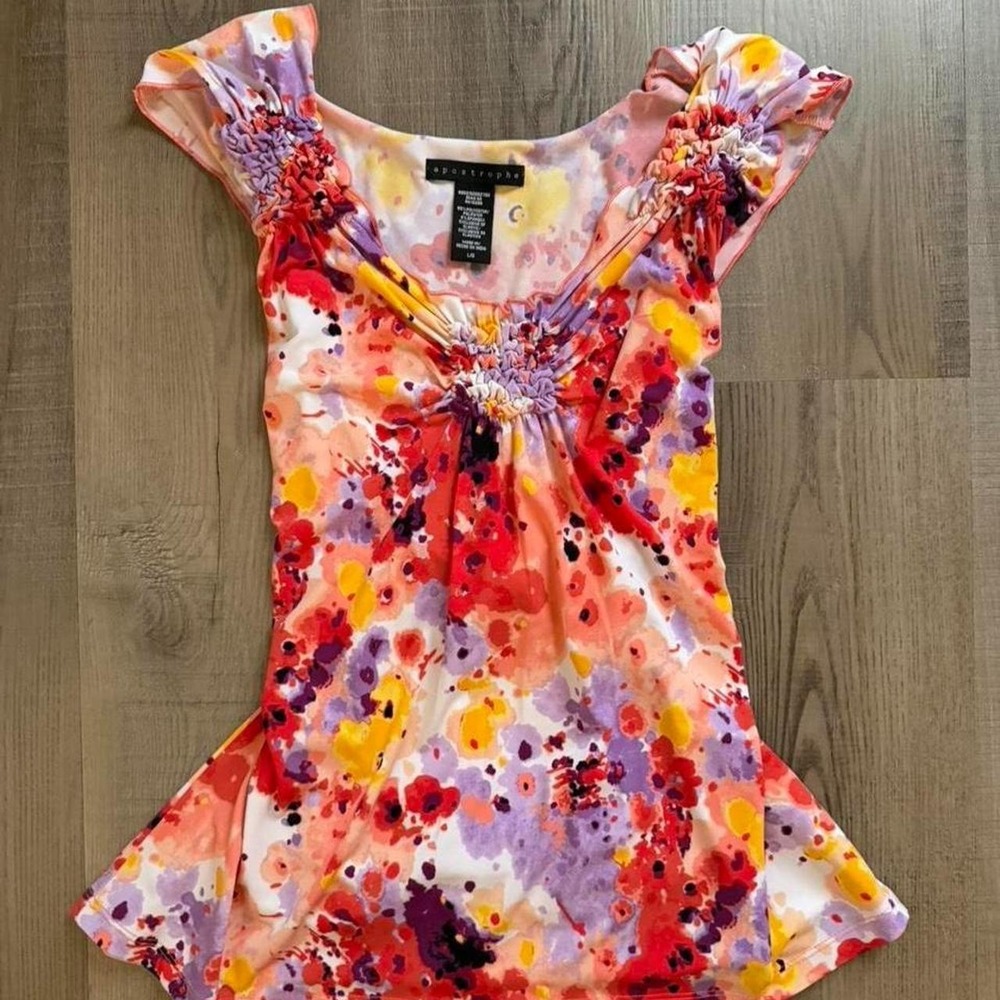 Apostrophe Y2K Floral Ruched Blouse Tie Waist Pink Multi L
